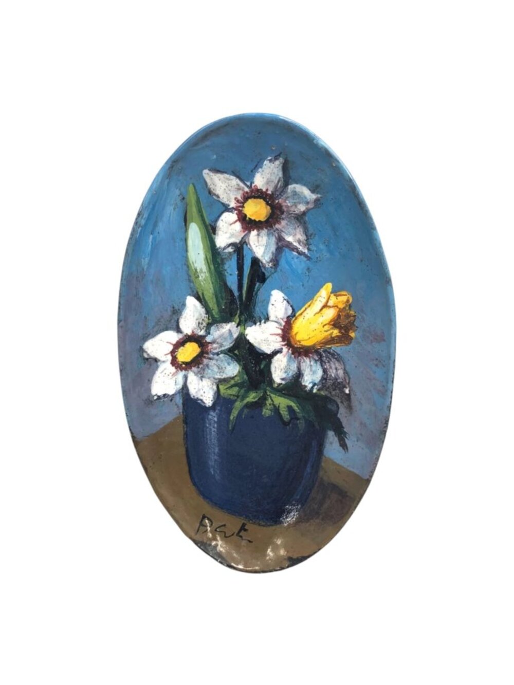 Beautiful Blooming Daffodils Blue Vase Hand Painted Ceramic Oval Picture